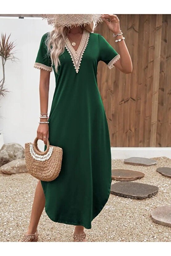Moda Shop & Butik Kadın Kısa Kollu Dantel V Yakalı Uzun Viskon Elbise
