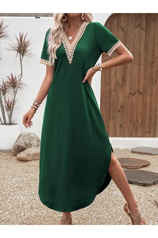 Moda Shop & Butik Kadın Kısa Kollu Dantel V Yakalı Uzun Viskon Elbise