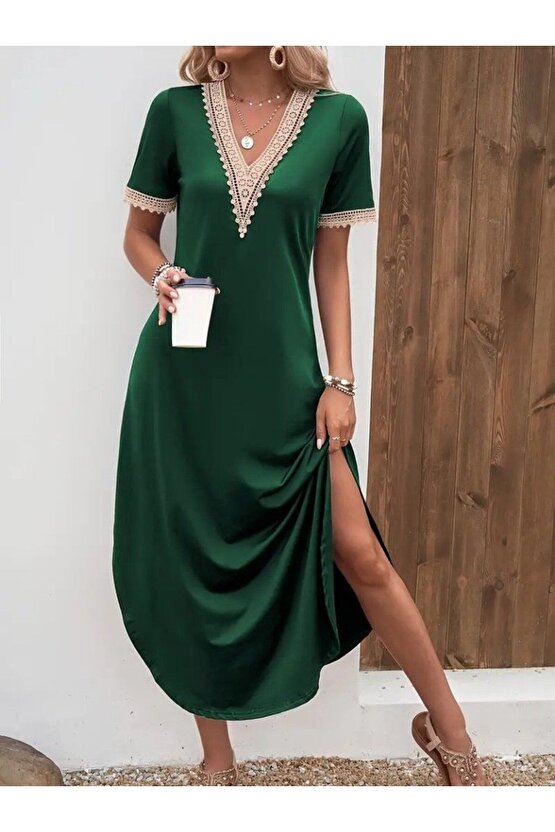 Moda Shop & Butik Kadın Kısa Kollu Dantel V Yakalı Uzun Viskon Elbise