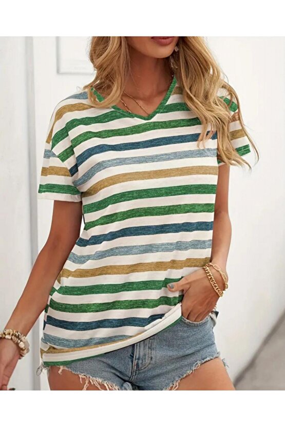 Myterrax Kadın Kısa Kollu V Yaka Çizgili Süprem T-shirt