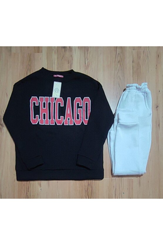 Yonca Moda Kadın Içi Polarlı Üç Iplik Kumaş Chicago Baskılı Ikili Takım