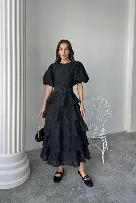 Moda Shop & Butik Siyah Kat Kat Balon Kollu Kemerli Elbise