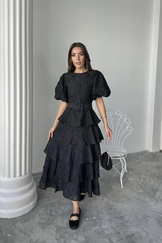 Moda Shop & Butik Siyah Kat Kat Balon Kollu Kemerli Elbise