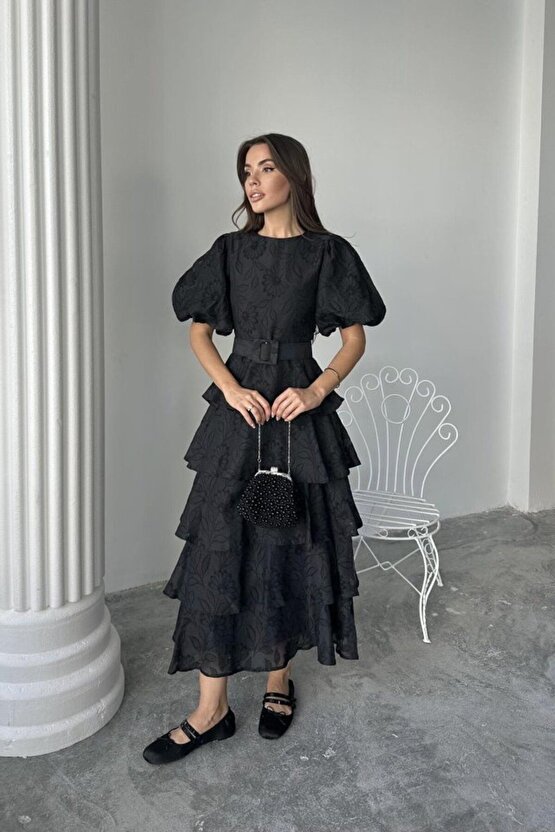 Moda Shop & Butik Siyah Kat Kat Balon Kollu Kemerli Elbise