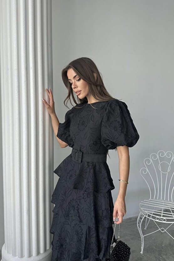 Moda Shop & Butik Siyah Kat Kat Balon Kollu Kemerli Elbise