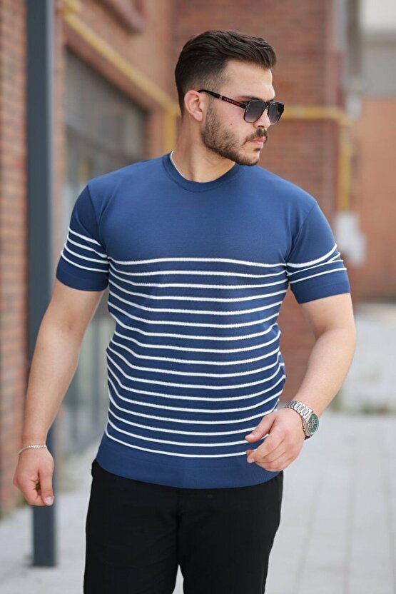 Moda Shop & Butik Erkek Çizgi Desenli Bisiklet Yaka Kısa Kollu T-sihrt