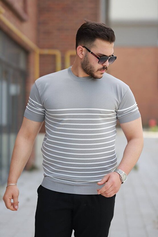 Myterrax Erkek Çizgi Desenli Bisiklet Yaka Kısa Kollu T-sihrt