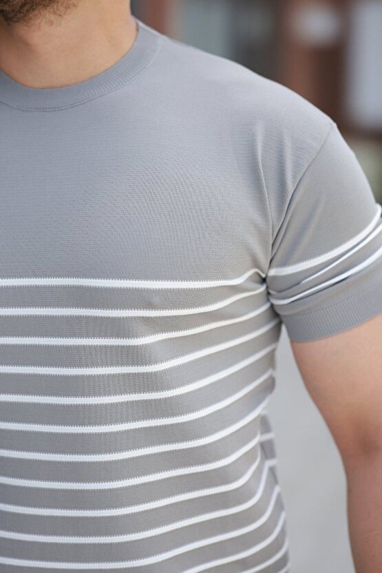 Myterrax Erkek Çizgi Desenli Bisiklet Yaka Kısa Kollu T-sihrt