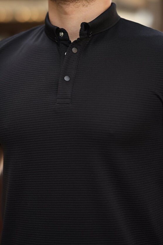 Myterrax Erkek Çizgi Dokulu Çıtçıt Yakalı Kısa Kollu T-shirt