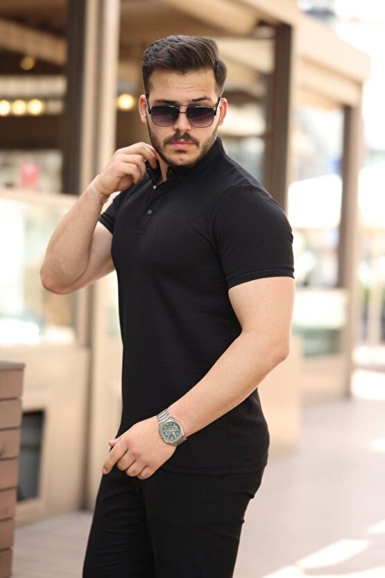 Myterrax Erkek Çizgi Dokulu Çıtçıt Yakalı Kısa Kollu T-shirt