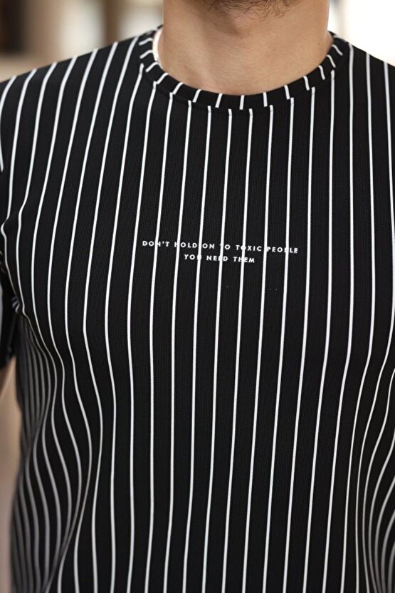 Myterrax Erkek Dikey Çizgili Ottoman Kumaş Kısa Kollu T-shirt