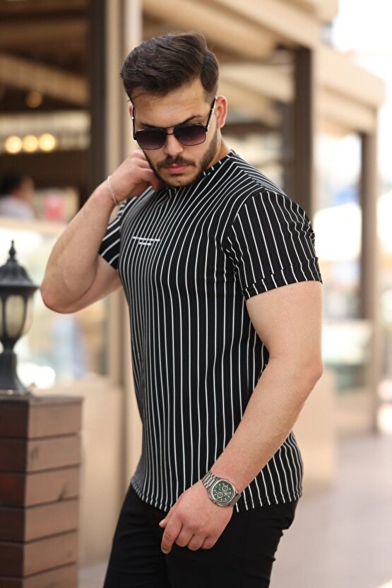 Myterrax Erkek Dikey Çizgili Ottoman Kumaş Kısa Kollu T-shirt