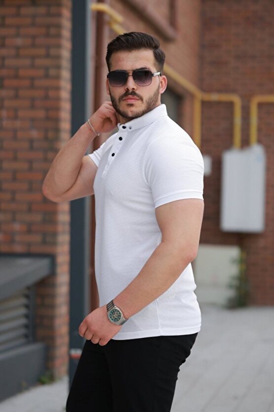 Gelirr Erkek Çizgi Dokulu Çıtçıt Yakalı Kısa Kollu T-shirt