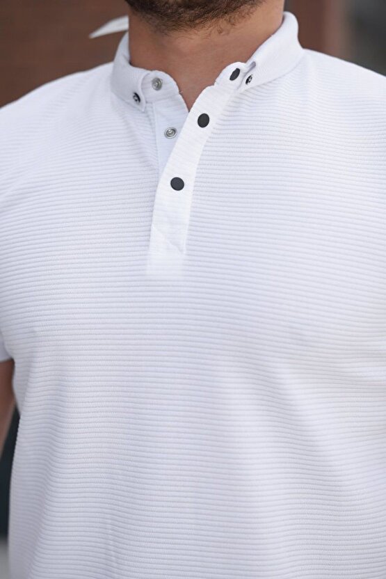 Gelirr Erkek Çizgi Dokulu Çıtçıt Yakalı Kısa Kollu T-shirt