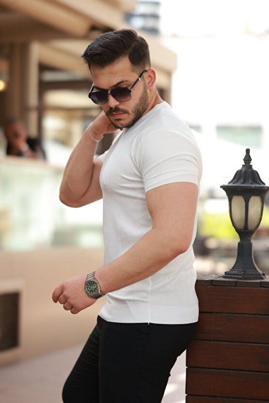 Myterrax Erkek Ince Çizgi Dokulu Bisiklet Yaka Kısa Kollu T-shirt