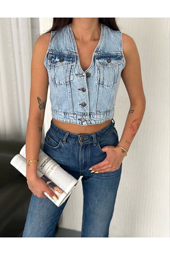 Kot Jeans Kadın Yelek - Buz Mavisi