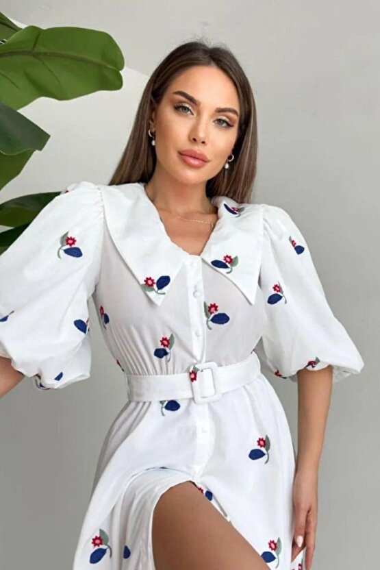 Moda Shop & Butik Kırmızı Yakası Çiçek Motifli Kemerli Elbise