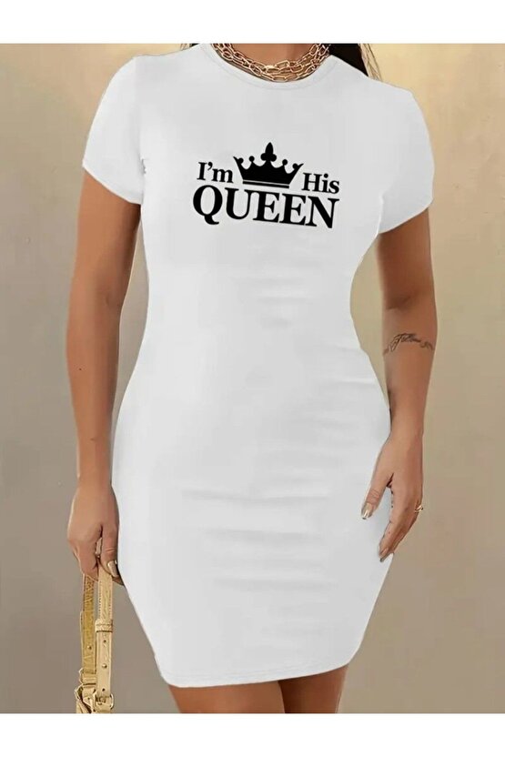 Kadın Kısa Kollu Queen Baskı Iki Iplik Mini Elbise