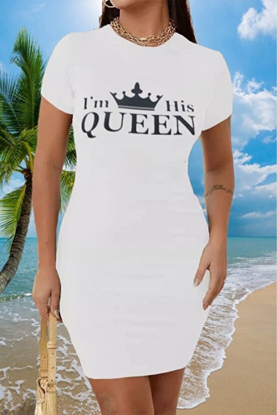 Kadın Kısa Kollu Queen Baskı Iki Iplik Mini Elbise