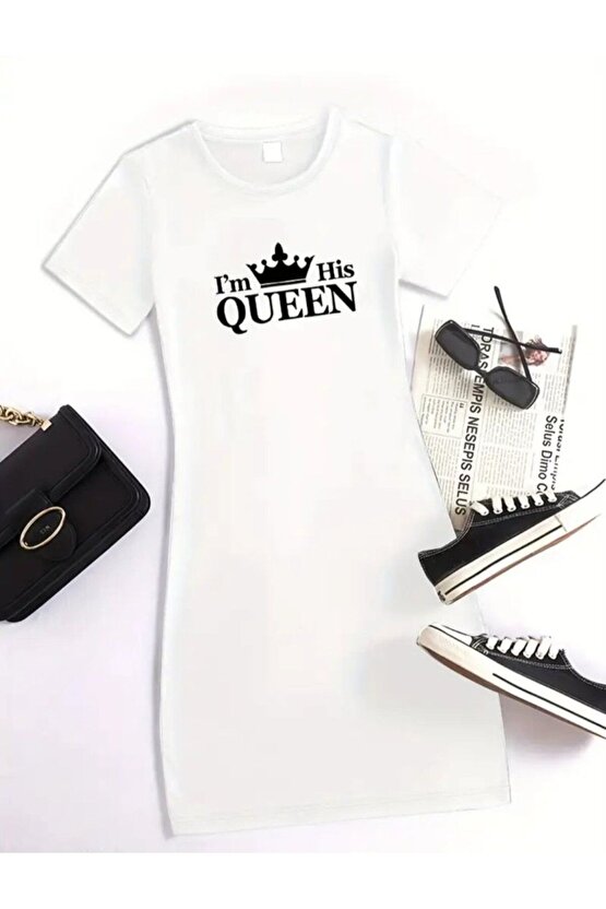 Kadın Kısa Kollu Queen Baskı Iki Iplik Mini Elbise