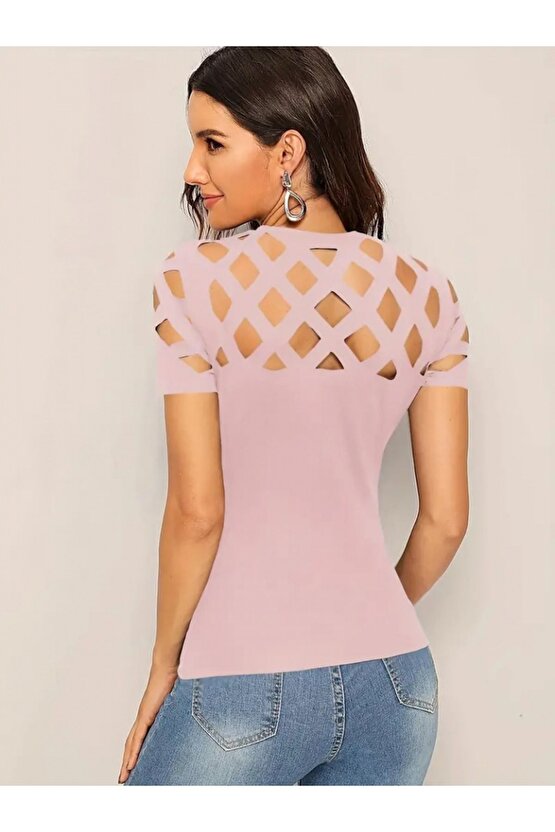 Moda Shop & Butik Kadın Kısa Kollu Baklava Desen Lazer Kesim Ithal Krep Bluz