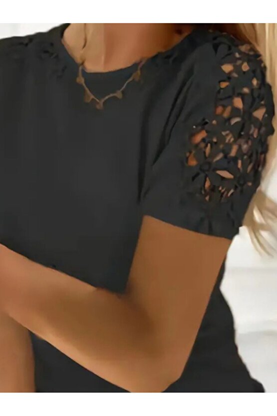 Gelirr Kadın Kısa Kollu Bisiklet Yaka Kolları Çiçekli Güpür Detay Viskon Bluz