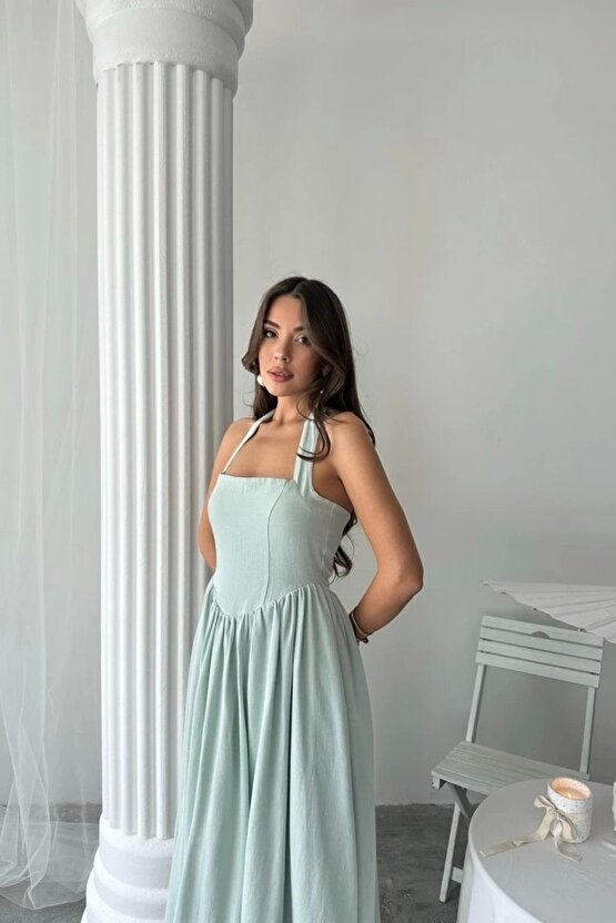 Mint Boyundan Bağlamalı Keten Elbise
