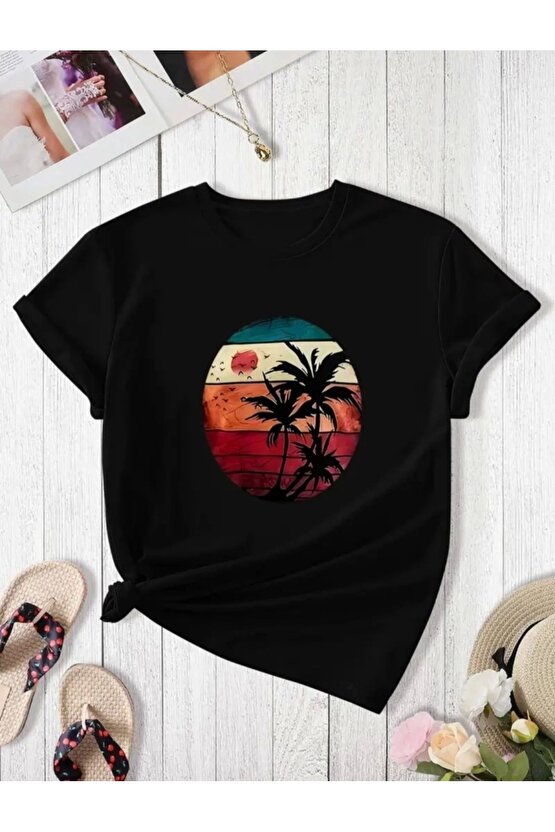 Kadın Kısa Kollu Palmiye Baskılı Viskon T-shirt