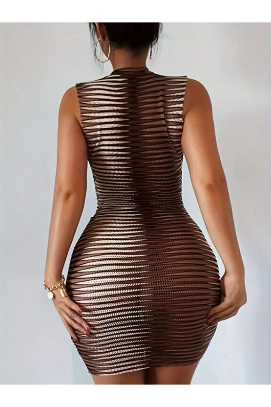 Myterrax Kadın Sıfır Kol Desenli Mini Bodycon Dalgıç Elbise