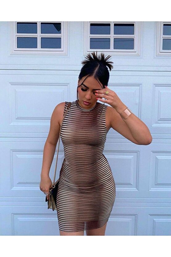 Myterrax Kadın Sıfır Kol Desenli Mini Bodycon Dalgıç Elbise