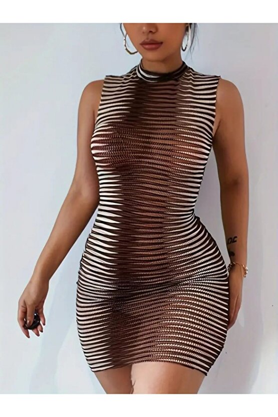 Myterrax Kadın Sıfır Kol Desenli Mini Bodycon Dalgıç Elbise