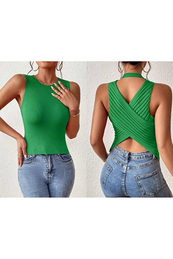 Moda Shop & Butik Kadın Sıfır Kol Sırt Çapraz Detay Triko Bluz