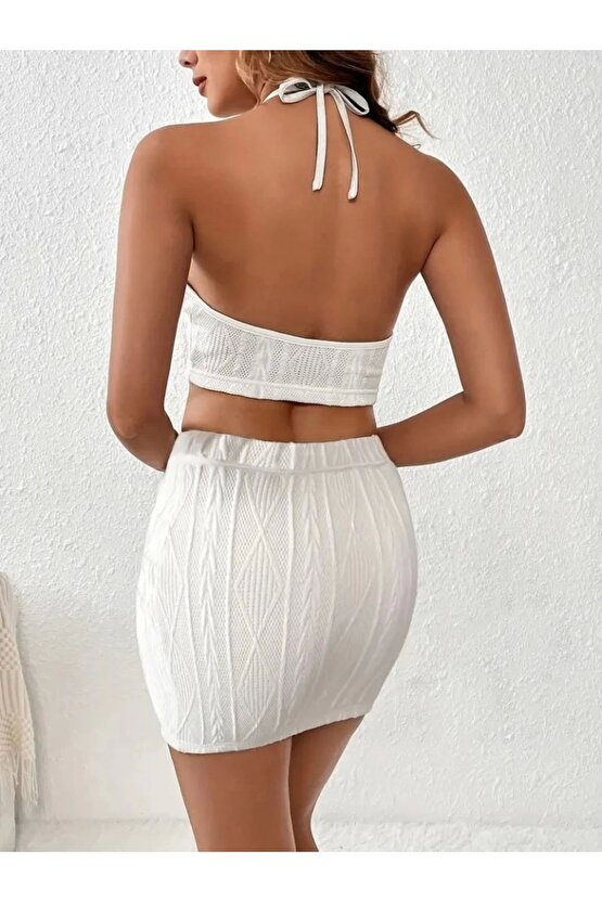 Kadın Sıfır Kol Crop Mini Etek Ikili Triko Takım