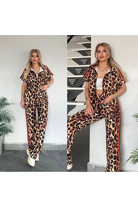 Kadın Dalgıç Kumaş Dijital Leopar Baskılı Şerit Detaylı Takım