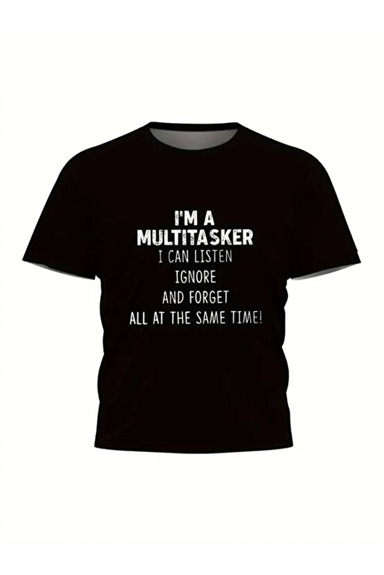 Baskılı Oversize Bisiklet Yaka T-shirt - Siyah