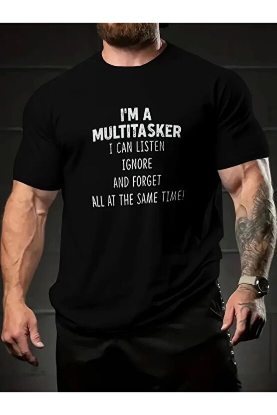 Baskılı Oversize Bisiklet Yaka T-shirt - Siyah