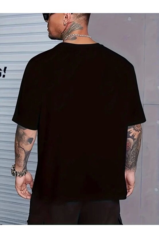 Baskılı Oversize Bisiklet Yaka T-shirt - Siyah