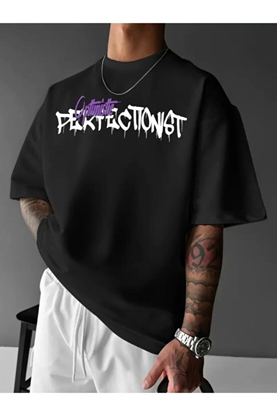 Baskılı Oversize Bisiklet Yaka T-shirt - Siyah