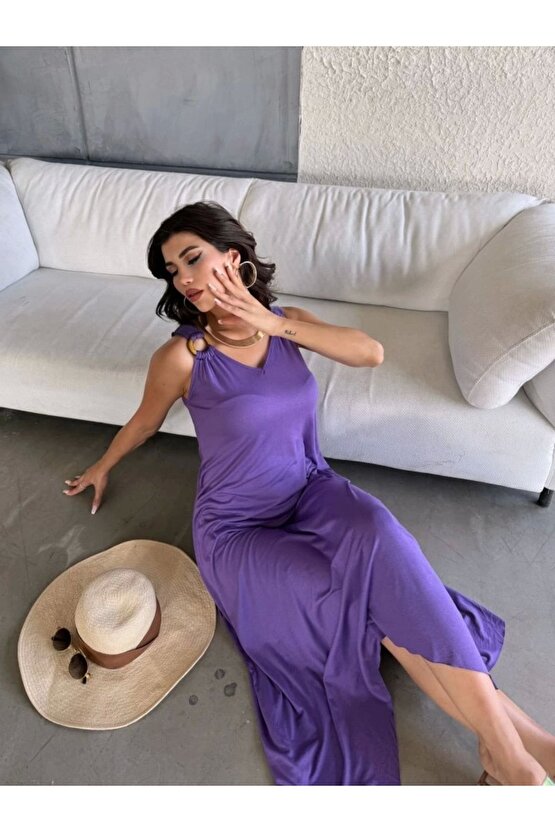 Kadın Çan Dokuma Kumaş V Yaka Asimetrik Kesim Elbise