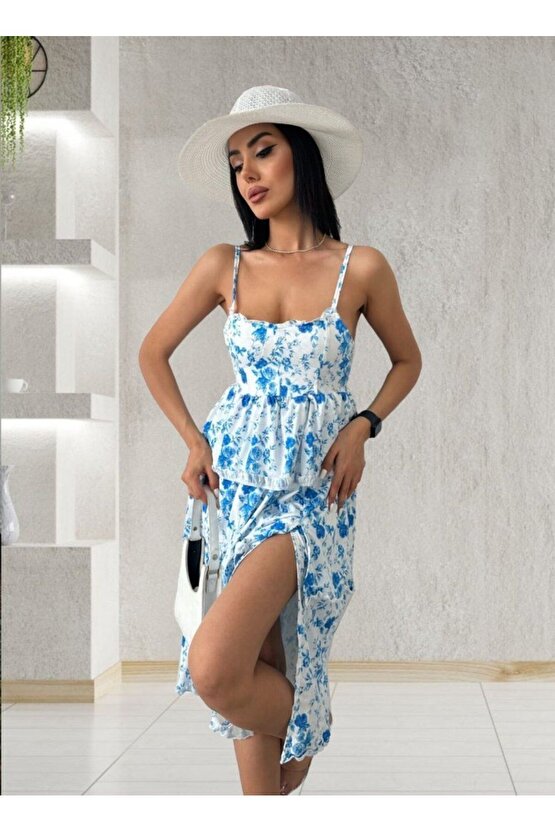 Kadın Sıfır Kol Askılı Dekolteli Yırtmaç Detay çiçek Baskılı Süprem Midi Elbise