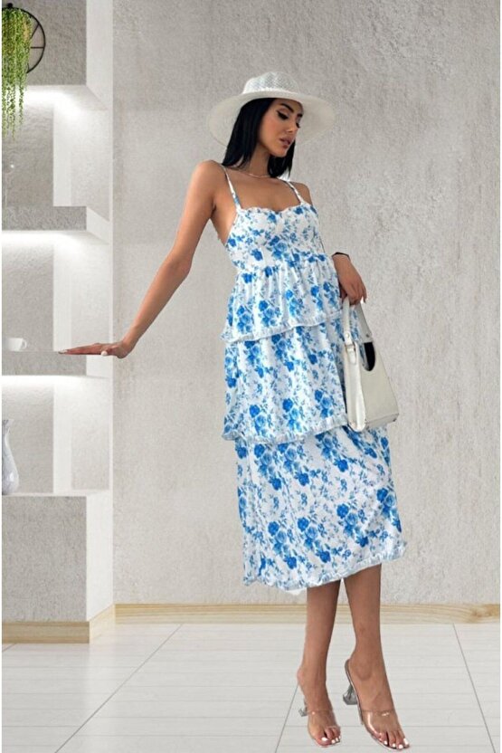 Moda Shop & Butik Kadın Sıfır Kol Askılı Dekolteli Yırtmaç Detay Çiçek Baskılı Süprem Midi Elbise