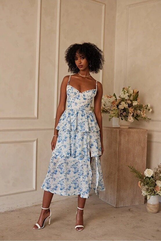 Moda Shop & Butik Kadın Sıfır Kol Askılı Dekolteli Yırtmaç Detay Çiçek Baskılı Süprem Midi Elbise