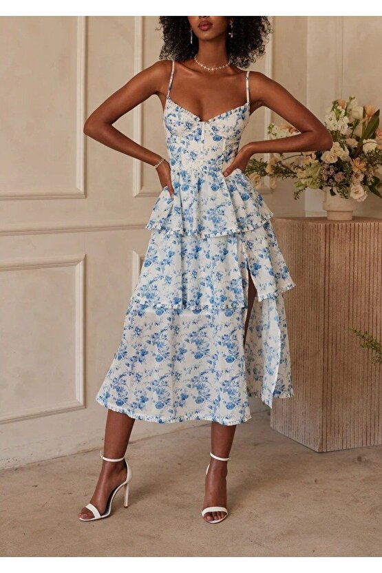 Moda Shop & Butik Kadın Sıfır Kol Askılı Dekolteli Yırtmaç Detay Çiçek Baskılı Süprem Midi Elbise