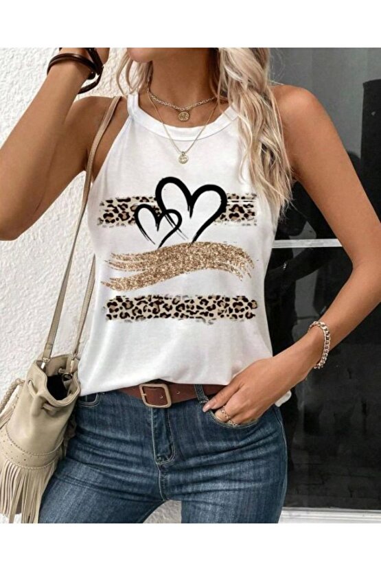 Kadın Sıfır Kol Halter Yaka Kalp Baskılı Viskon Bluz