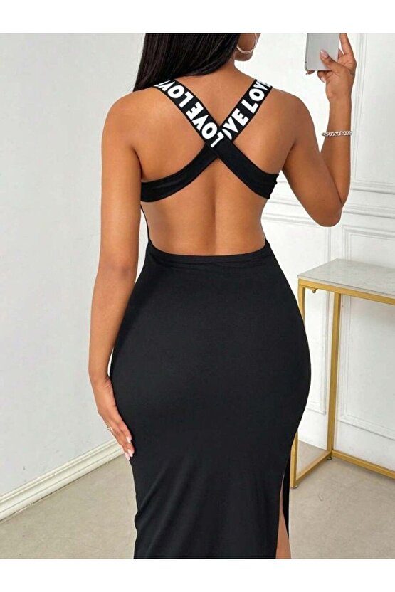 Moda Shop & Butik Kadın Yuvarlak Yaka Sırttan Çapraz Şerit Love Detaylı Yırtmaçlı Viskon Elbise