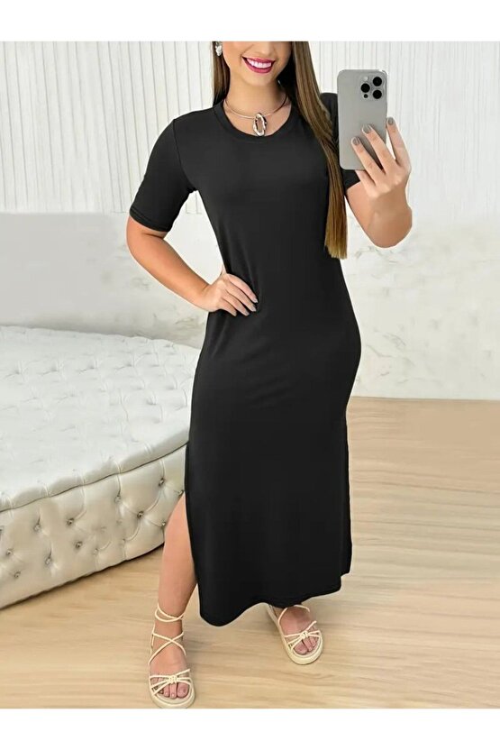 Ahes Shopping Kadın Kısa Kollu Bisiklet Yaka Yandan Yırtmaçlı Viskon Elbise