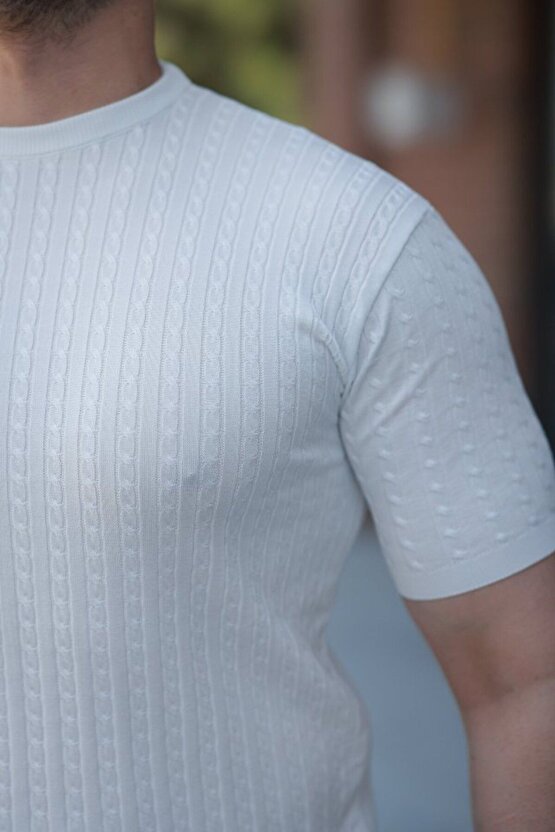 Myterrax Erkek Bisiklet Yaka Örgü Desenli Kısa Örme Triko Kısa Kollu T-shirt