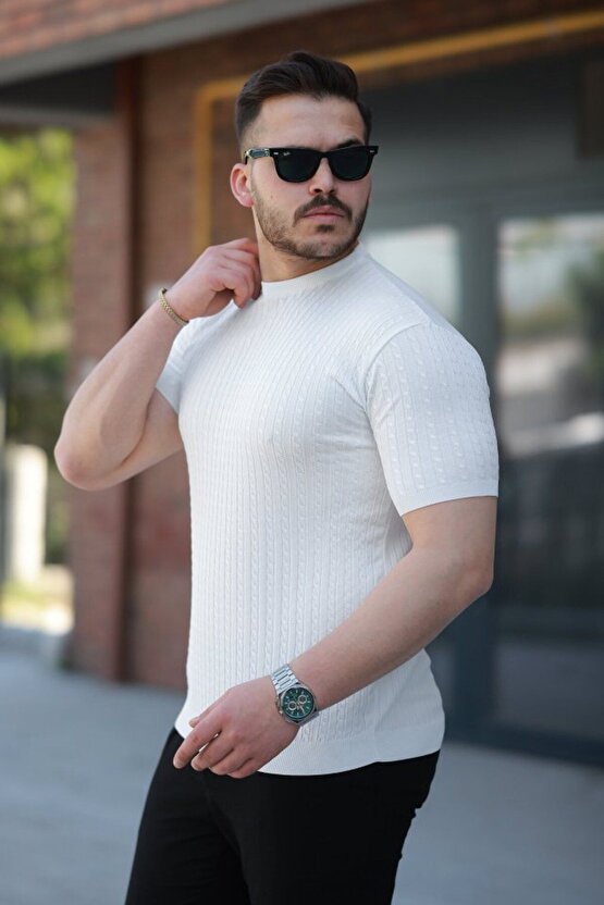 Myterrax Erkek Bisiklet Yaka Örgü Desenli Kısa Örme Triko Kısa Kollu T-shirt