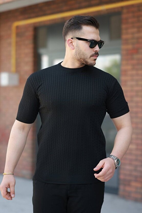 Erkek Bisiklet Yaka Örgü Desenli Kısa Örme Triko Kısa Kollu T-shirt
