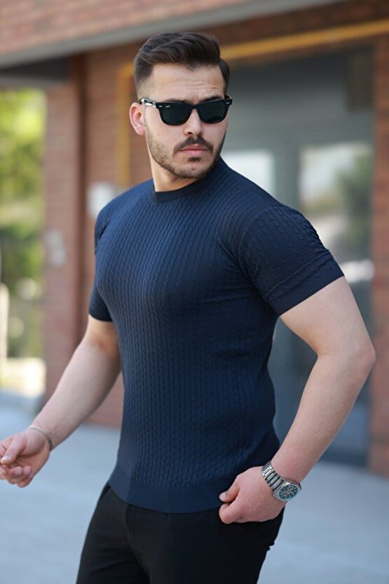 Moda Shop & Butik Erkek Bisiklet Yaka Örgü Desenli Kısa Örme Triko Kısa Kollu T-shirt